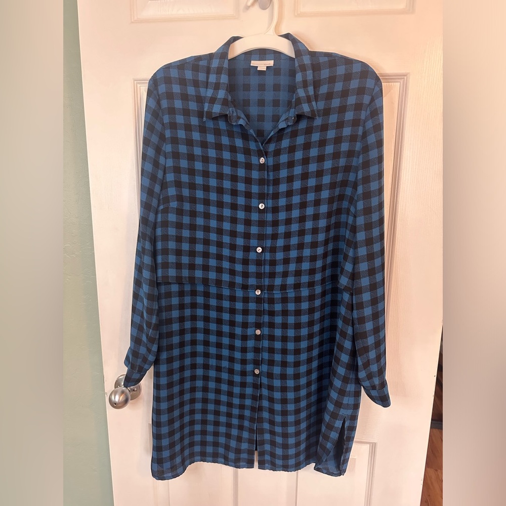 J.Jill Teal & Black Buffalo Check Long Sleeve Layered Tunic Shirt Size L